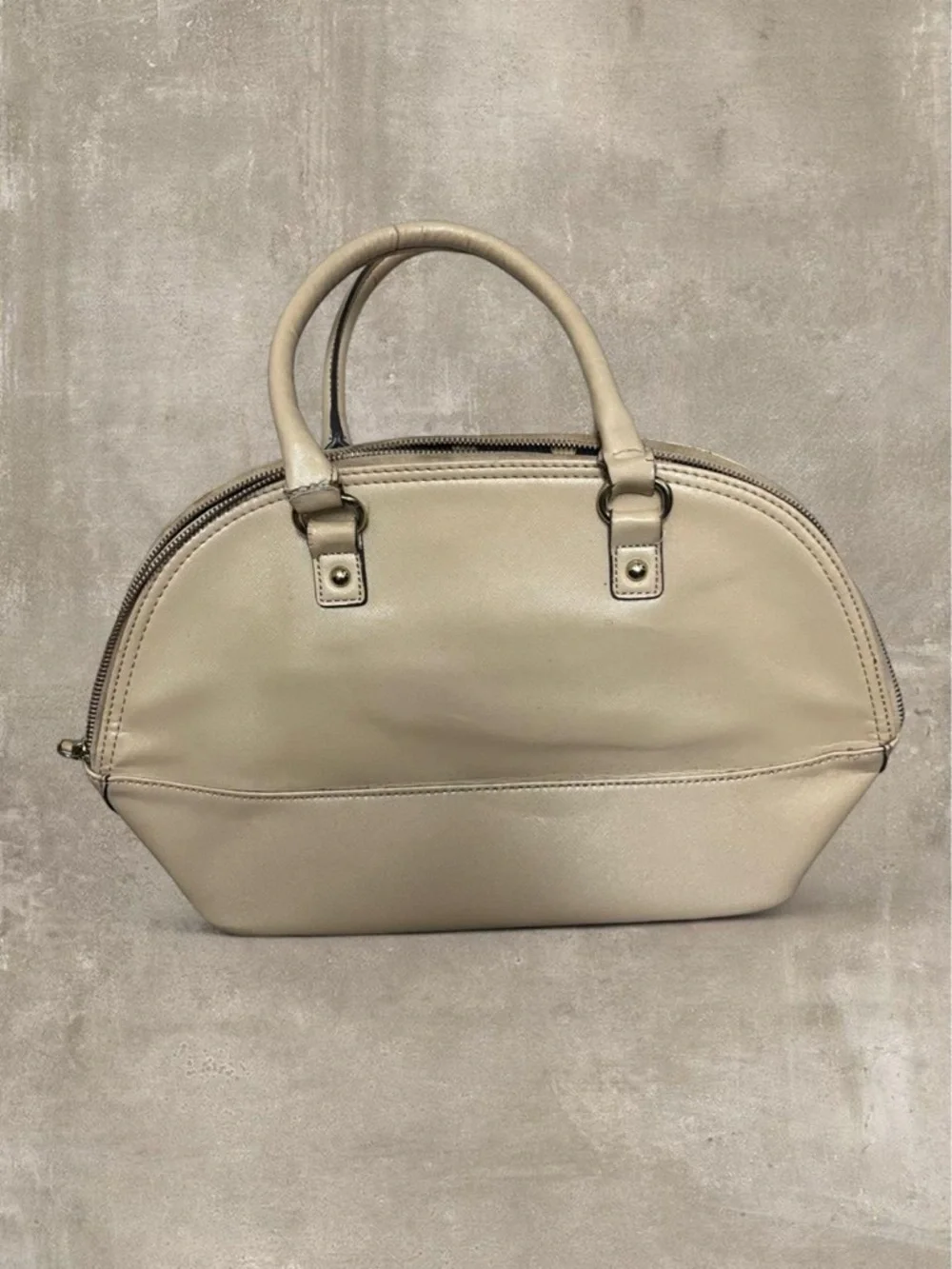 Anne Klein Structured Dome Satchel Beige Faux Leather Top Handle Bag